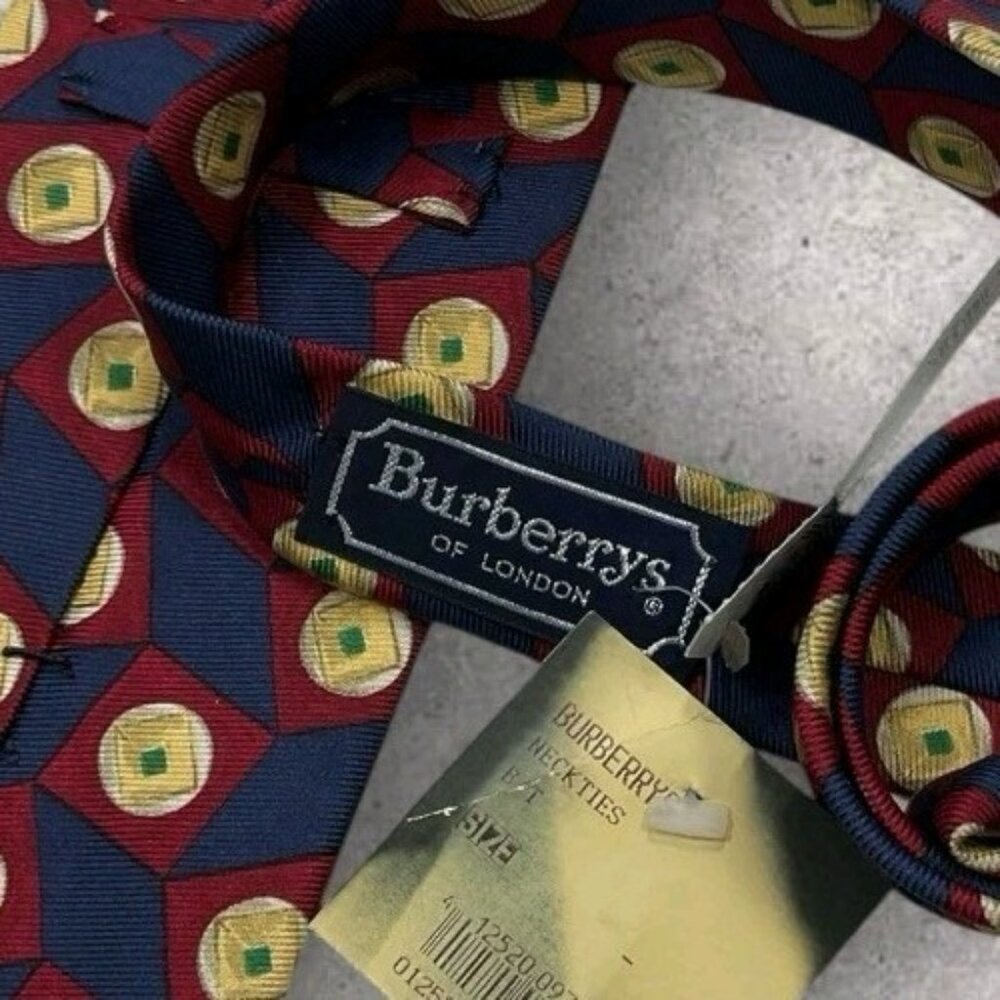 NEW BURBERRYS Silk Tie USA Blue Burgundy Gold Geometric W:3.8" - Picture 2 of 7